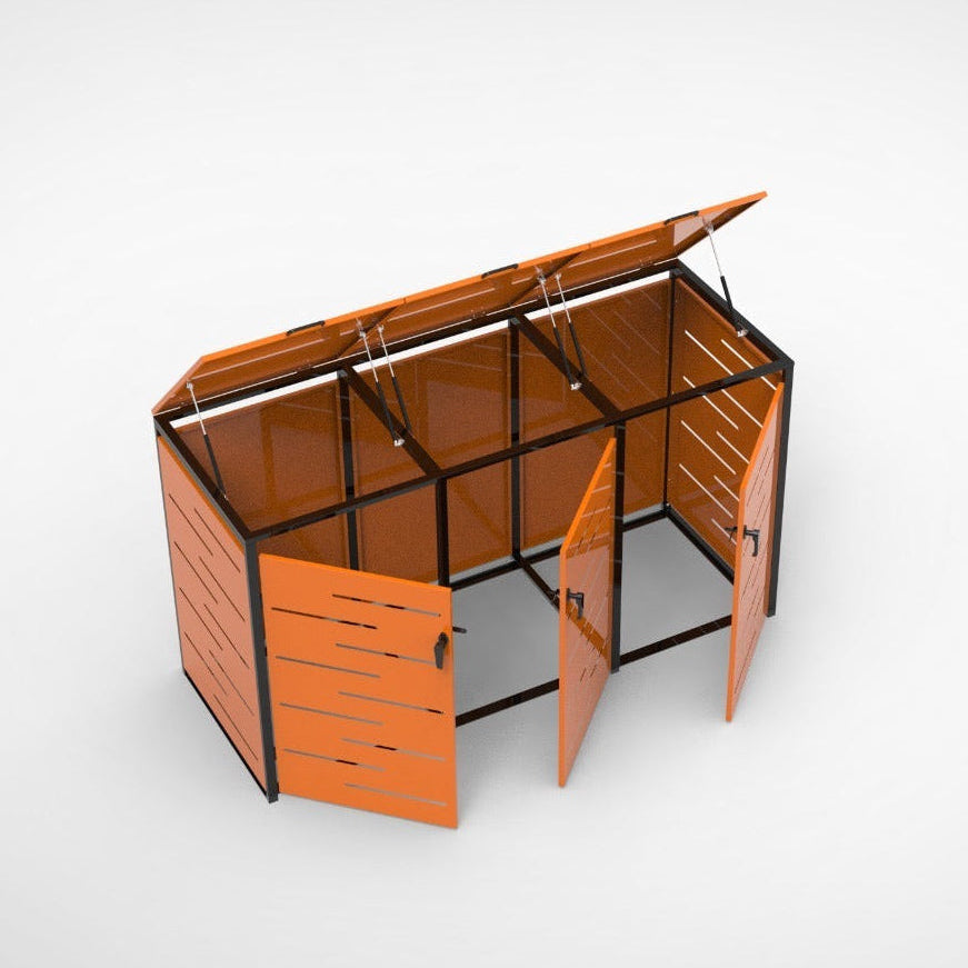 Orange and black storage unit with open doors on a white background