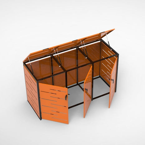 Orange and black storage unit with open doors on a white background